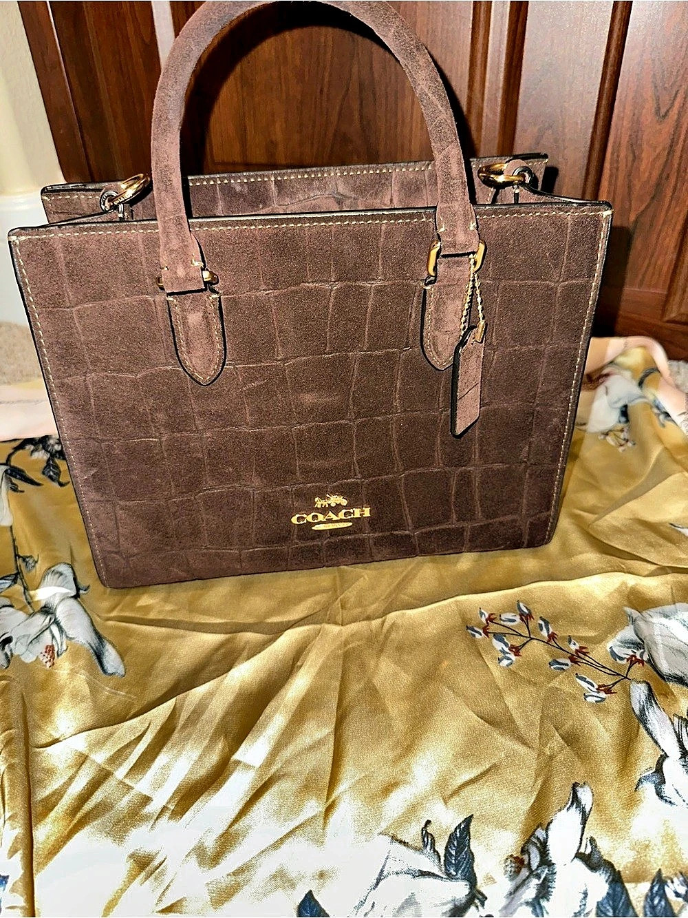 Coach Town Tote in Croc Embossed Suede Satchel in Brown